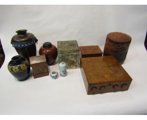 Eight various vases, boxes and canister including a Japanese white metal tea caddy, floral relief design 