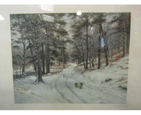 A Farquharson Fine Art print depicting snowy lane with sheep, pencil signed, copyright 1920, framed and glazed, 55cm x 64cm i