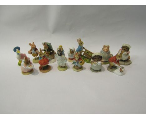 14 x mini ceramic figures including Border Fine Arts Beatrix Potter and similar including "Mrs Tiggy Winkle pouring tea" (two