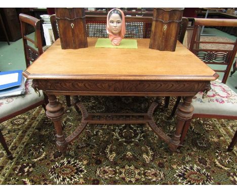 A late Victorian oak table probably "Maples &amp; Co" the canted corner top on a carved dragon frieze and lions head corners 