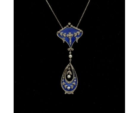 A Fabergé style diamond, pearl and blue enamel pendant necklace, the shield shaped upper section set with rose cut diamonds a
