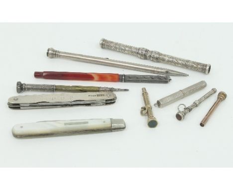 A sterling silver Everpoint propelling pencil, a double-ended propelling pencil by S Mordan & Co., a mother-of-pearl handled 