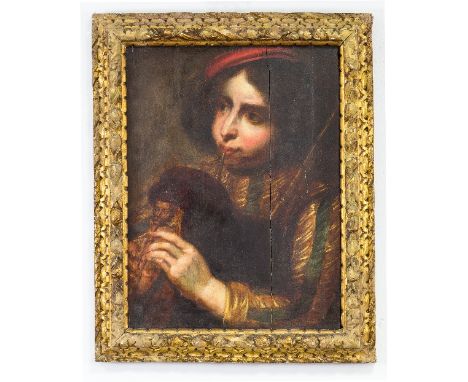 Circle of Jan Cossiers/Portrait of a Boy Playing Bagpipes/the pipes with a carved chanter stock/oil on panel, 61cm x 47cm/see