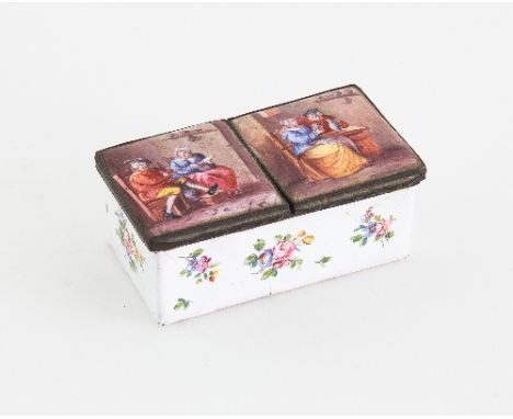 A Bilston enamel box, circa 1780, of twin-lidded form, the lid decorated tavern scenes after Teniers, the interior and sides 