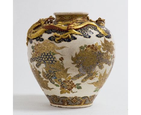 A very fine Satsuma enamel and gold glazed earthenware vase, Meiji period, decorated and applied with coiled dragons, Karashi