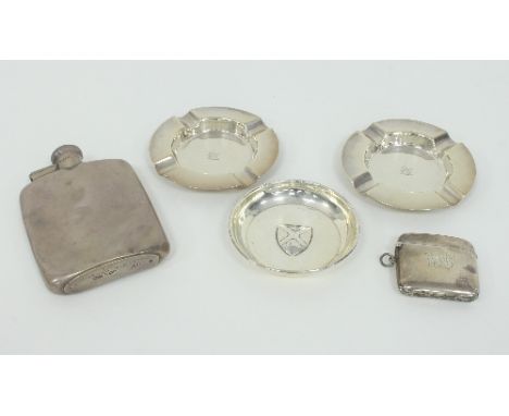 A silver hip flask, James Dixon & Sons, Sheffield, 1927, inscribed beneath, a pair of silver ashtrays bearing the crest of Vi