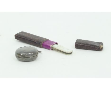 A silver sovereign case, Birmingham 1889 and a penknife with silver blade and mother-of-pearl handle in leather case