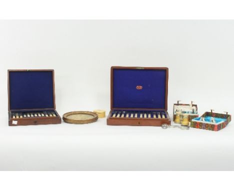 Two boxed sets of plated dessert knives and forks, an ivory box and cover, a pair of ivory opera glasses and sundry decorativ
