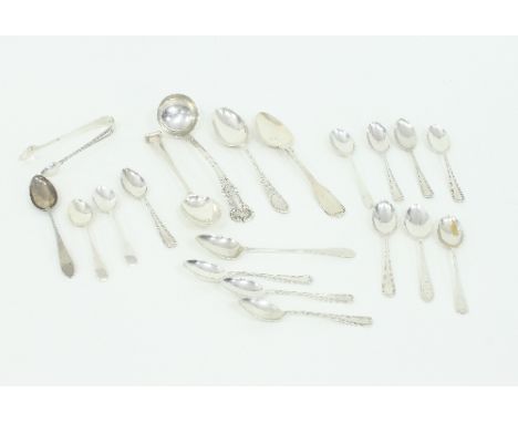 A Scottish silver toddy ladle, JMJR, Glasgow 1832, a set of twelve silver teaspoons and the matching sugar nips, Sheffield 19