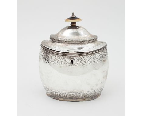 A George III silver tea caddy, R & S Hennell, London 1804, of oval shape with engraved bands of foliate scrolls, 14.5cm wide,