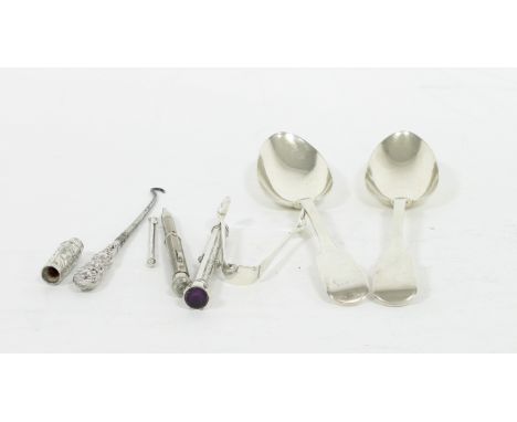 A pair of fiddle pattern silver spoons, Joseph & Albert Savory, London 1852, a pair of sugar tongs, a silver cased cheroot ho