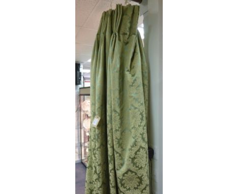 A pair of green damask curtains, lined and interlined, approximately 300cm drop x 96cm wide