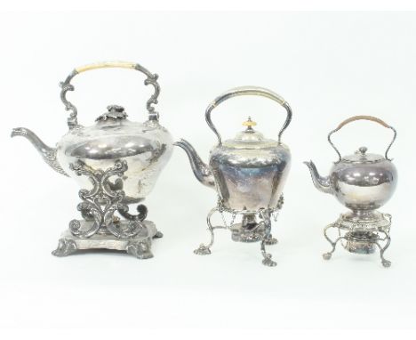 A Victorian silver plated spirit kettle on stand and two smaller examples/Provenance: Plas Gwyn, Anglesey