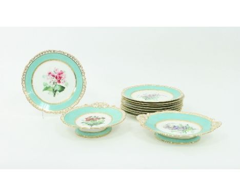 A Victorian dessert service, painted flowers within turquoise borders, eleven pieces Condition Report: Two of the plates are 