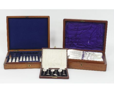 A set of six silver coffee spoons, D&B, Birmingham 1927, with bean terminals, a cased set of plated fish knives and forks and