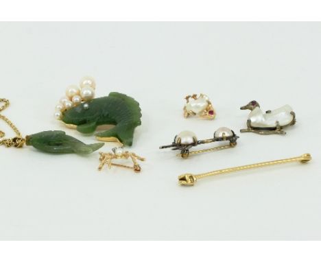 Three baroque pearl duck brooches, a jade type and pearl fish brooch, a fish pendant, a seed pearl and turquoise bar brooch, 