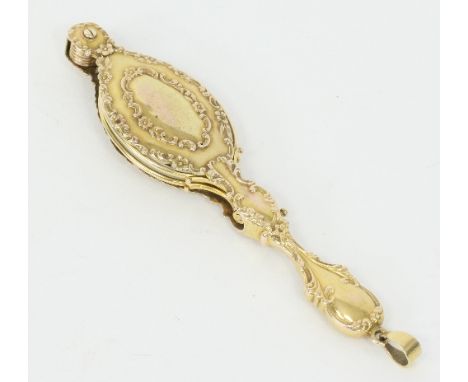 A pair of gold and diamond lorgnettes, with foliate decoration and gypsy set with three circular cut diamonds, the largest at