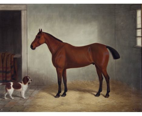 Edward Brown of Coventry/Portrait of a Chestnut Hunter in a Stable Interior with a Spaniel beside/signed and dated E Brown Co