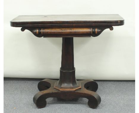 A William IV rosewood card table, on central column and quadruped base, 90cm wide Condition Report: Top is badly scratched, v