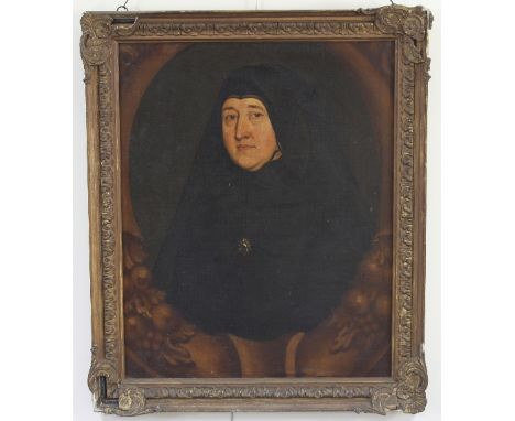 English School/Portrait of a Lady in Mourning/in a painted cartouche/oil on canvas, 76.25cm x 63.5cm/Provenance: Plas Gwyn, A