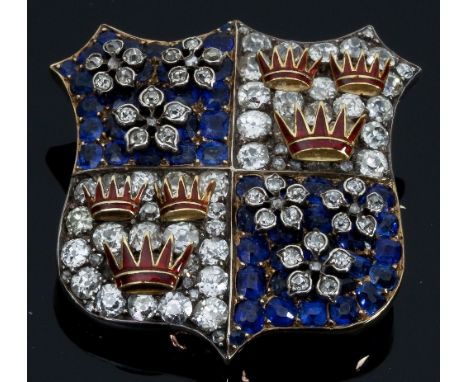 An early 19th Century gold, sapphire, diamond and enamel armorial brooch, Fraser family, the shield shape with quarterings; t