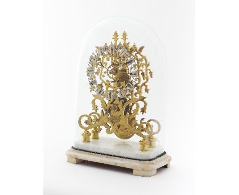 A 19th Century brass skeleton clock with pierced silvered chapel ring and single train fusee movement with anchor escapement 
