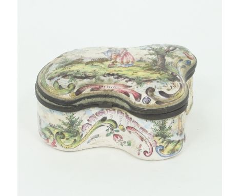An 18th Century style kidney shaped enamel box, decorated with elegant figures in a landscape