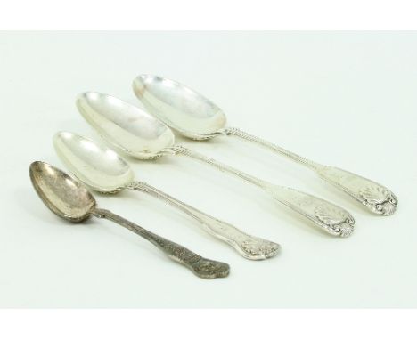 A pair of silver fiddle, thread and shell pattern table spoons, George William Adams, London 1845, crested and two other spoo