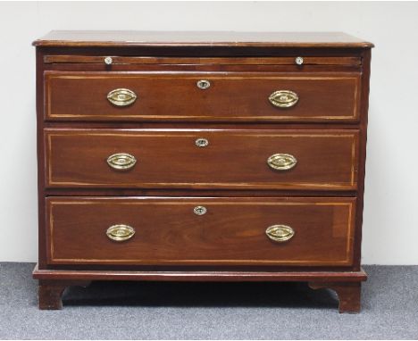 A George III mahogany chest, cross-banded in satinwood, fitted a brushing slide with three long drawers on bracket feet, 111c