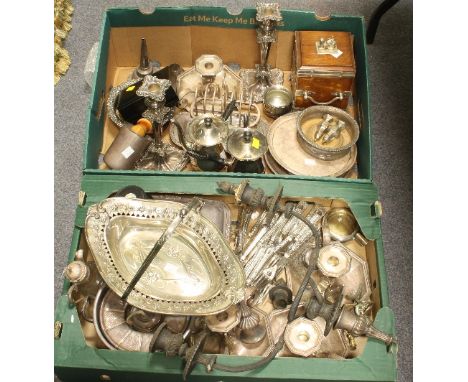 Sundry silver plate including chambersticks, etc./Provenance: Plas Gwyn, Anglesey