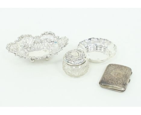 A silver sweetmeat dish, JMB, Birmingham 1897, of pierced oval form, 16cm wide, an engraved cigar case, a trinket jar with si