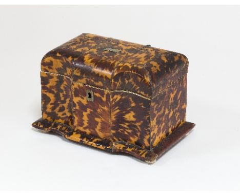 A 19th Century tortoiseshell tea caddy of breakfront form, the hinged cover enclosing two lidded compartments, set on domed i