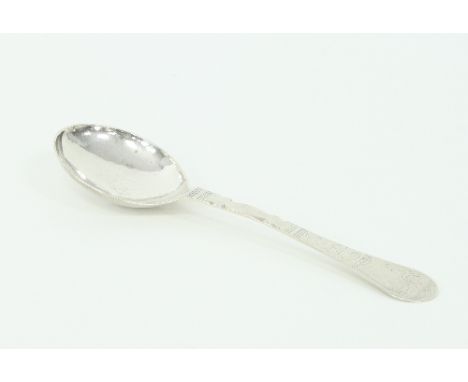 A 17th Century silver spoon, probably Dutch, maker's mark only SH, the stem engraved a church, the reverse of the bowl initia