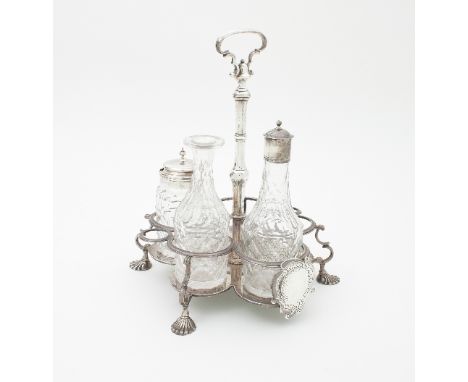 A Scottish silver cruet stand, Robert Gordon, Edinburgh 1745, of cinquefoil shape on four shell feet and with vacant cartouch