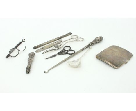 A pair of silver grape scissors, Charles Reily & George Storer, London 1830, a cigarette case and sundry silver