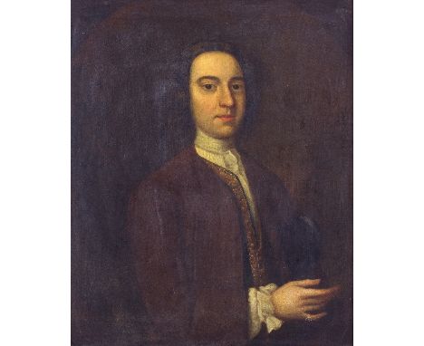 Circle of William Aikman/Portrait of a Gentleman/half length, wearing a brown coat/oil on canvas, 76.25cm  x 63.5cm/see illus