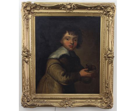 17th/18th Century Dutch School/Portrait of a Boy holding a Bird's Nest with a Thrush/oil on canvas, 73.5cm x 60.5cm Condition
