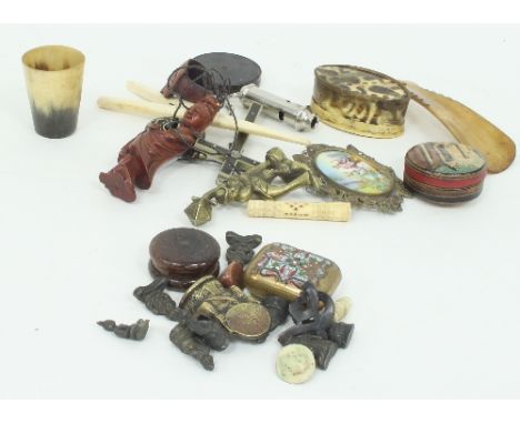 A quantity of sundries including horn box and cover, small horn beaker, Chinese carved wood figure, eastern brass figures of 