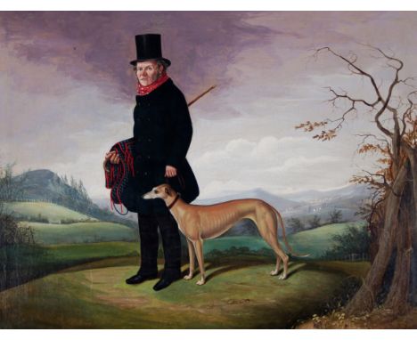 Attributed to Harry Hall/Portrait of a Gentleman and his Greyhound/standing in a hilly landscape, the man wearing a red spott