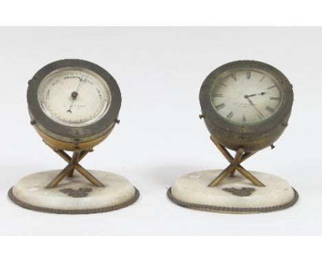 A table clock and table barometer, T A Austin & Co. Dublin, each of kettle drum form on an alabaster plinth applied with a mo