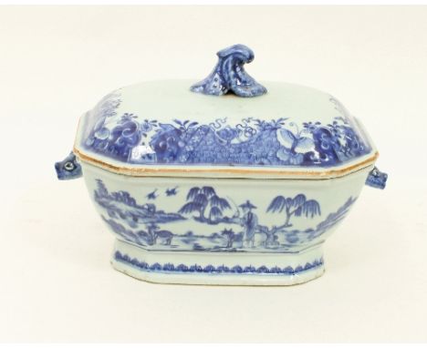 A Chinese blue and white tureen, late 18th Century, of canted rectangular form, the cover with scroll handle, the tureen with