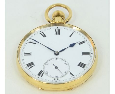 An 18ct gold open faced keyless pocket watch, Swiss, the circular white dial with Roman numerals and subsidiary seconds dial,