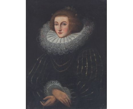 19th Century English School/Portrait of a Lady/half length, in 16th Century costume wearing a lace ruff/oil on canvas, 79cm x
