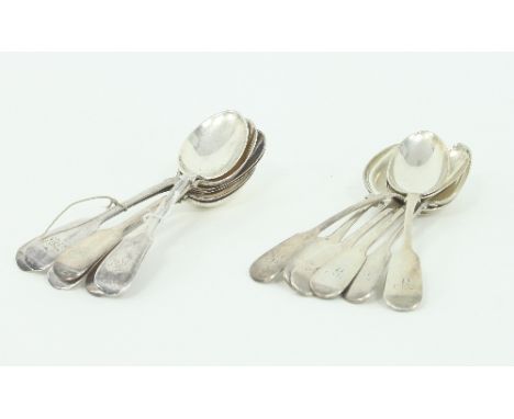 Six Victorian silver fiddle pattern teaspoons, Joseph Ridge, Sheffield 1896, monogrammed and six others J S, Exeter 1858, ini
