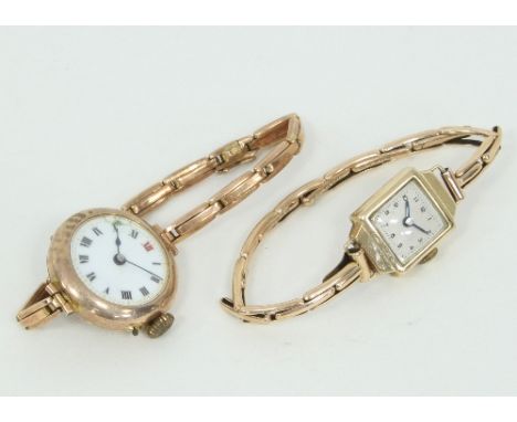A lady's 9ct gold cased wristwatch with circular white enamel dial on an expanding 9ct gold bracelet and another lady's 9ct g