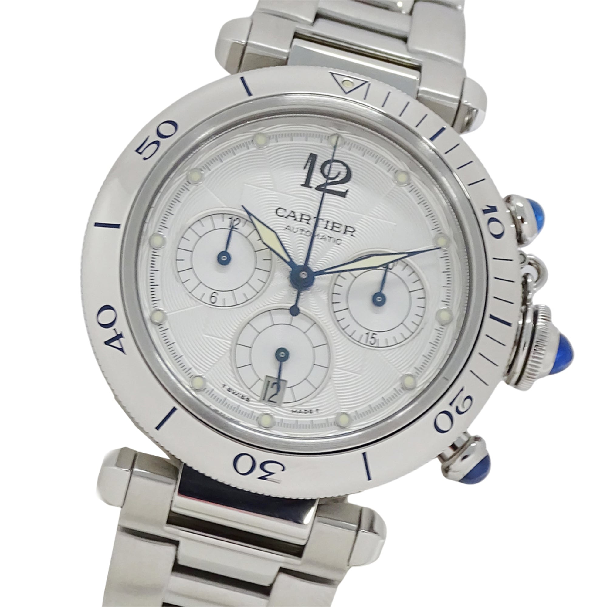 Cartier Pasha Chronograph Automatic Watch for Men, Stainless Steel (SS) W31030H3, Silver, with Open