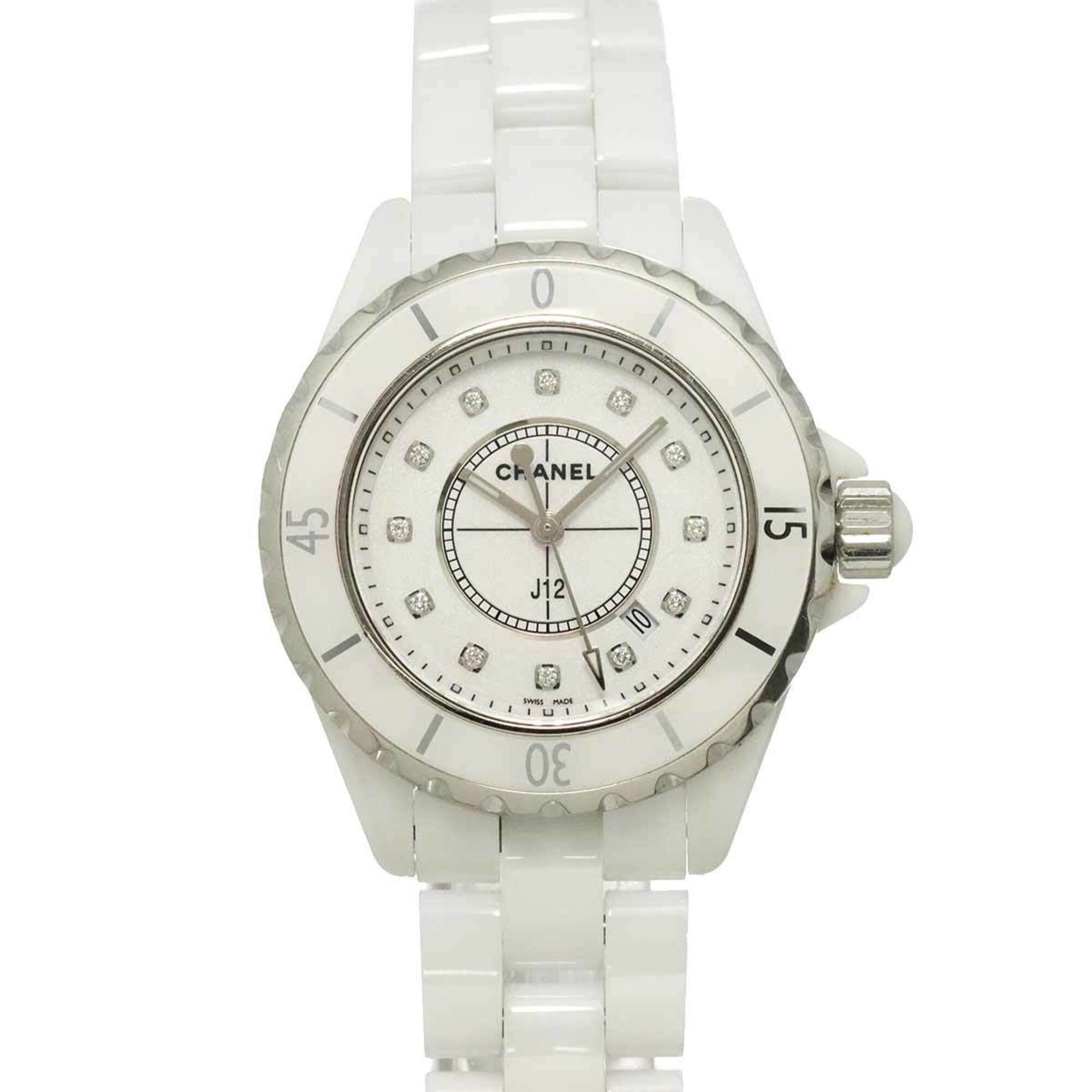Chanel J12 33mm H1628 Women\'s Watch, 12 Diamonds, Date Display, White Ceramic Quartz Watch