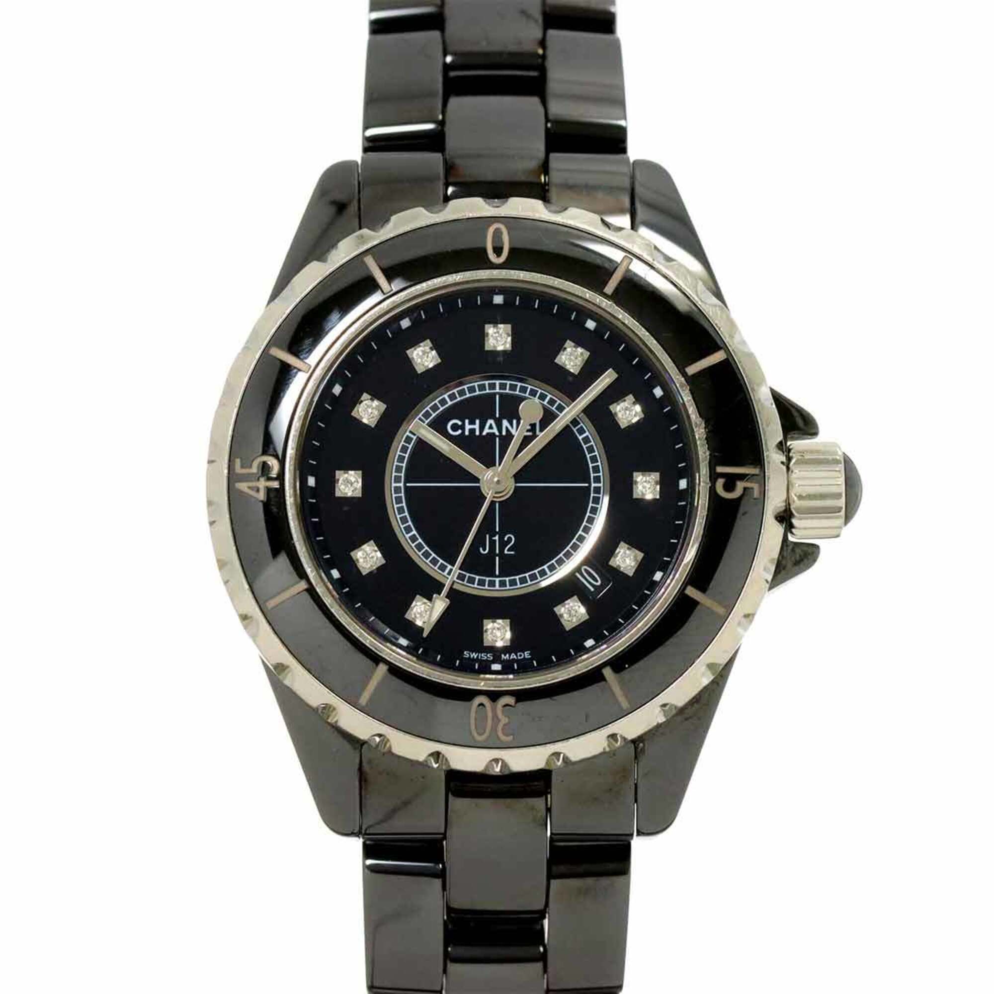 Chanel J12 33mm H1625 Women\'s Watch, 12 Diamonds, Date Display, Black Ceramic Quartz Watch