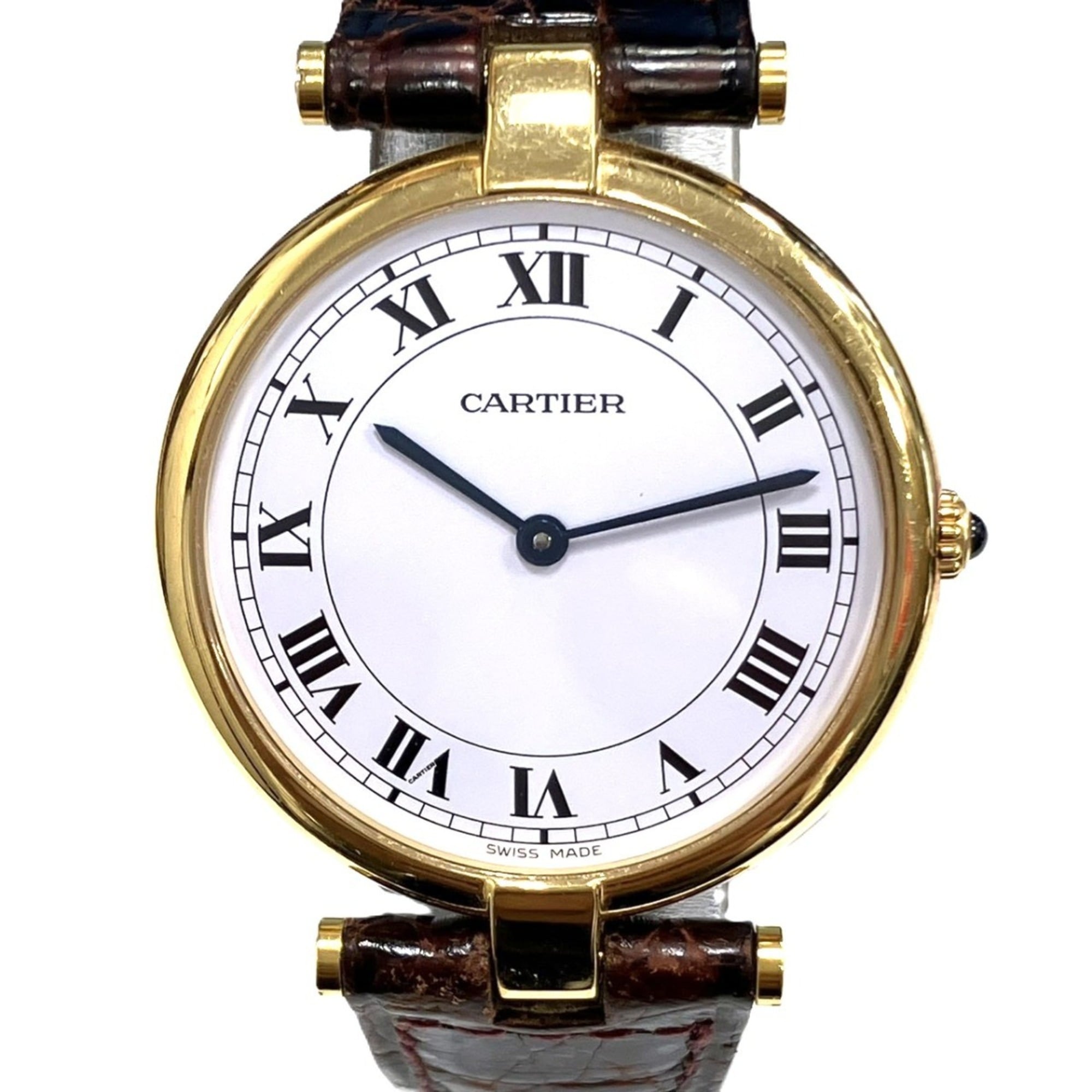 Cartier Vendome Louis LM Watch, Total Weight 25g, 18K Gold Leather Strap, Quartz Movement, White Dia