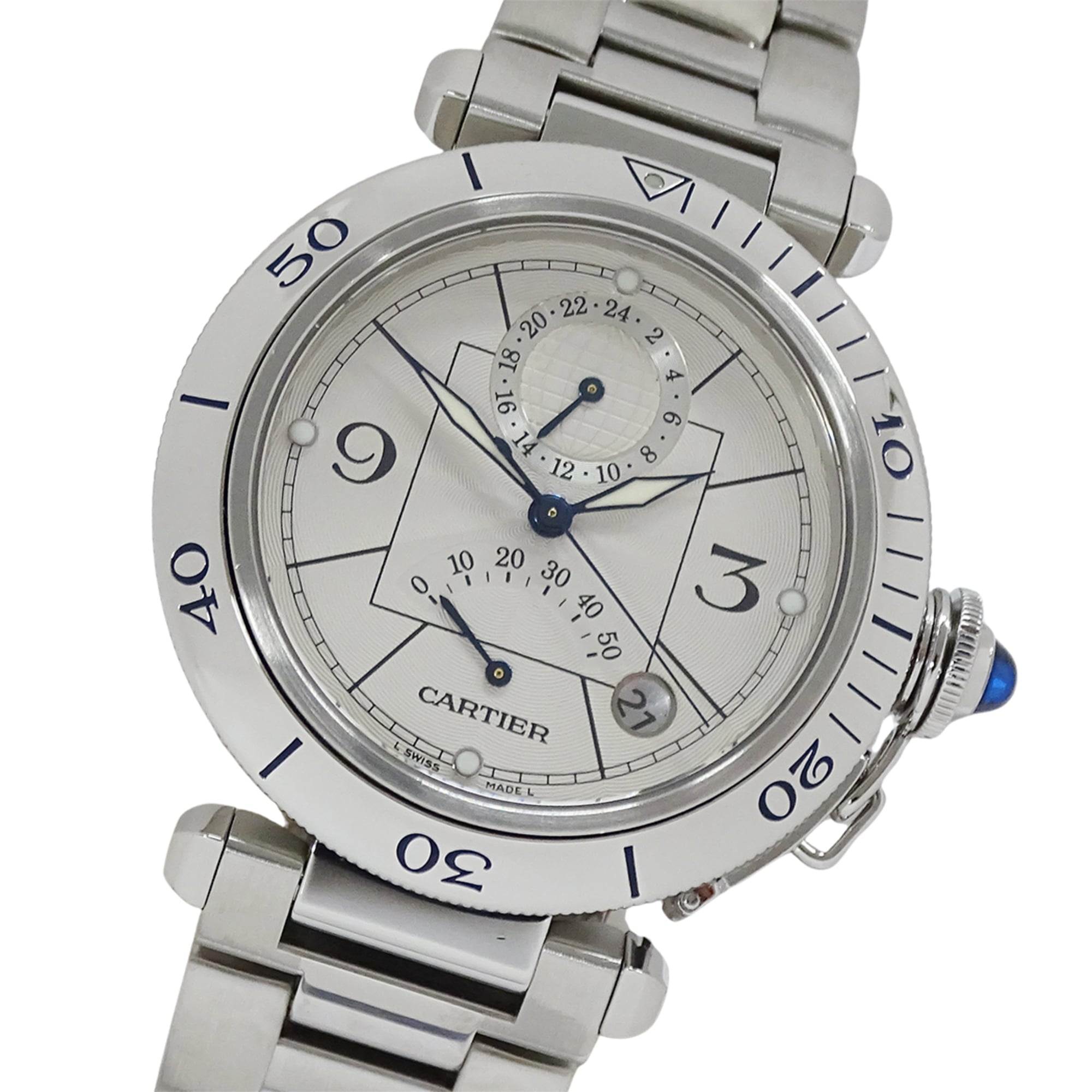 Cartier Pasha Men\'s Watch, Power Reserve, GMT, Date, Automatic, Stainless Steel (SS), W31037H3, Sil